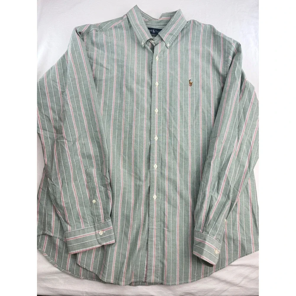 Ralph Lauren Classic Fit Mens XXL Green Striped Oxford Button Down Shirt Cotton